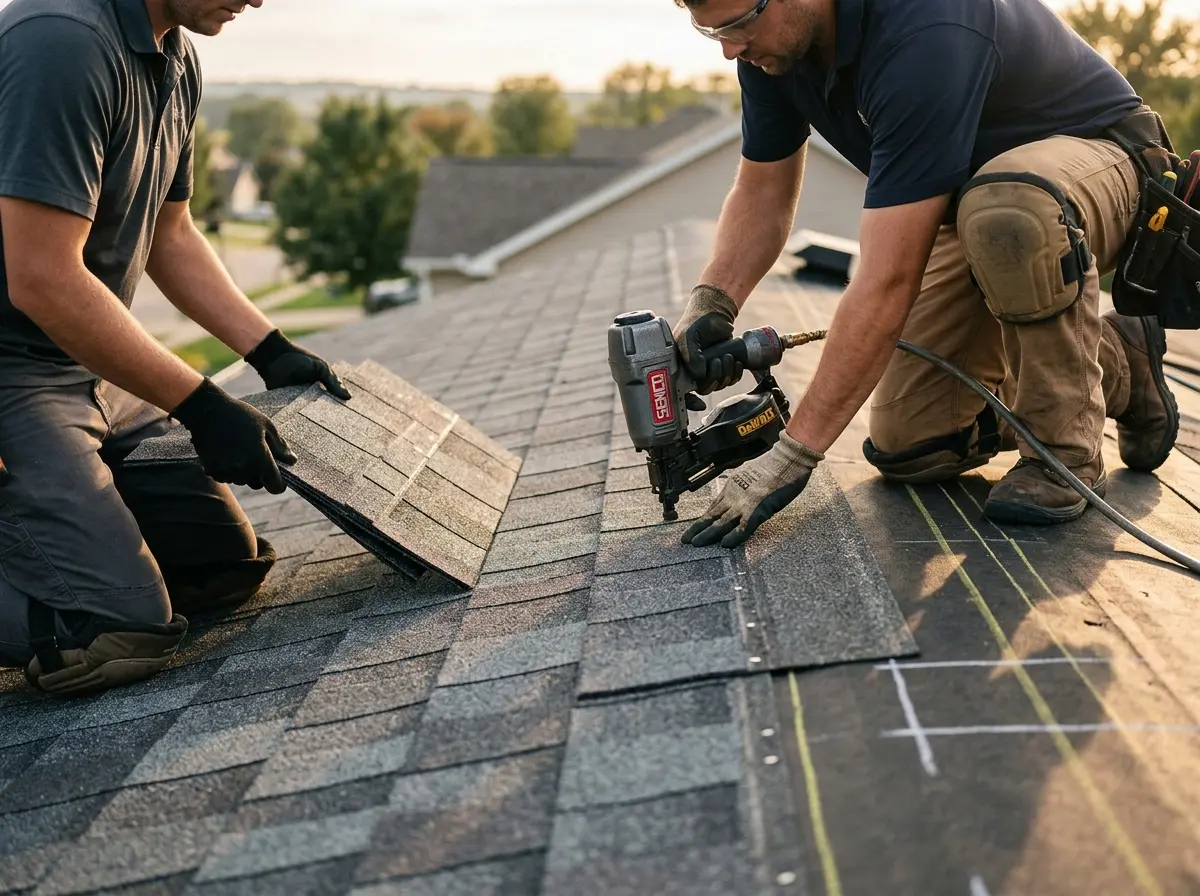 Professional roofer working on a residential roof in Franklin Town